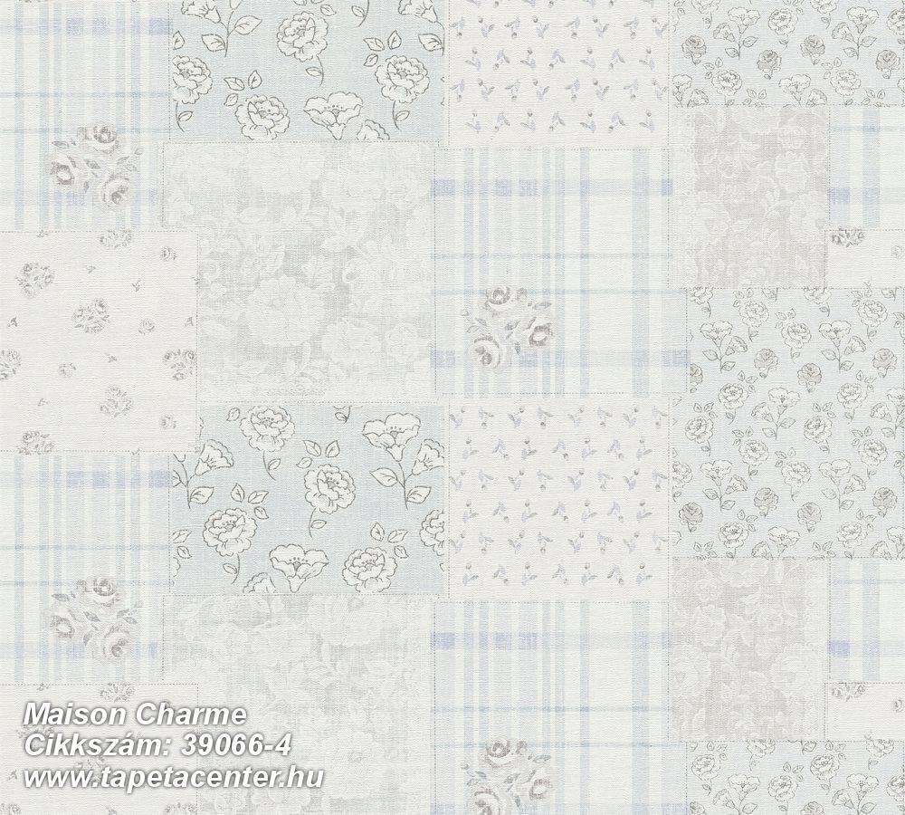 Retro,textil hatású,textilmintás,virágmintás,fehér,kék,szürke,súrolható,vlies tapéta 